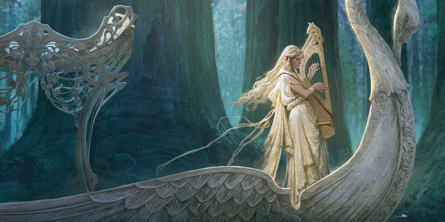 Illustrazione fantasy di Antonio De Luca, una figura elfica su un'imbarcazione scolpita in una foresta